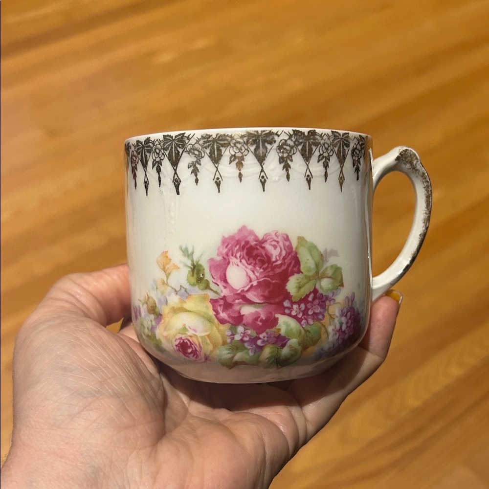 Antique Floral Porcelain Shaving Mustache Mug with Pink and Green Accents